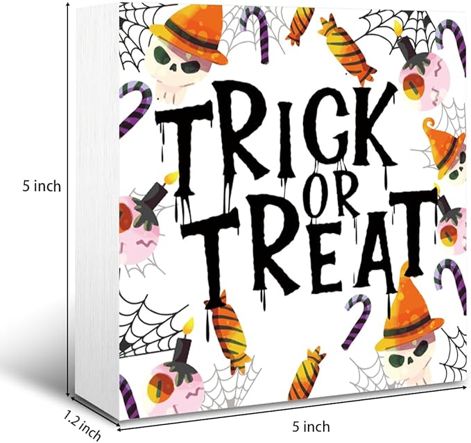 Rustic Halloween Box Sign Decor Tabletop, Fall Home Party Decor, Halloween Decorations Indoor & Front Door Porch, Playroom Decoration, Trick or Treat Sign Wooden Plaque 5 * 5inch