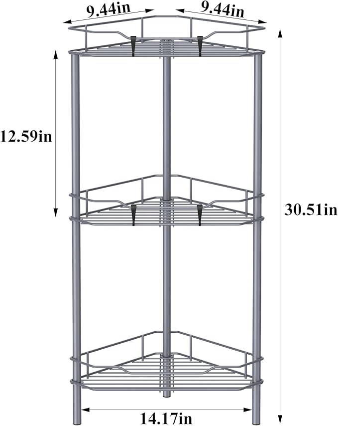 3 Tier Floor Standing Corner Shower Caddy Organizer Shelf with Hooks, Bathroom Shelves Stand Rack, Dark Gray