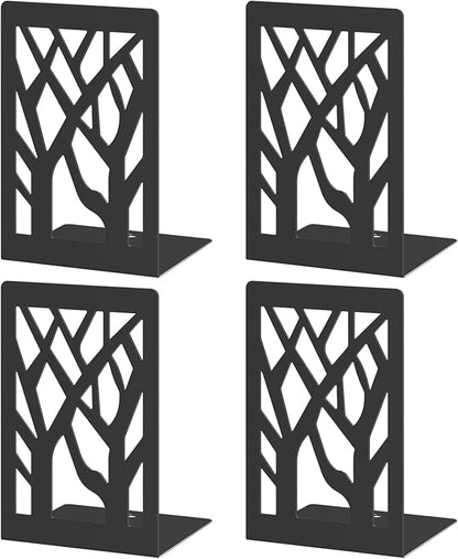 VFINE 4-Piece Modern Metal Bookends for Shelves, Black Tree Book Ends for Books, Decorative Book Organizer for Desk, Non-Skid Shelve Bookends for Home Office