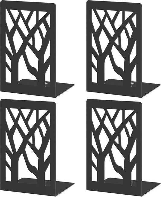 VFINE 4-Piece Modern Metal Bookends for Shelves, Black Tree Book Ends for Books, Decorative Book Organizer for Desk, Non-Skid Shelve Bookends for Home Office