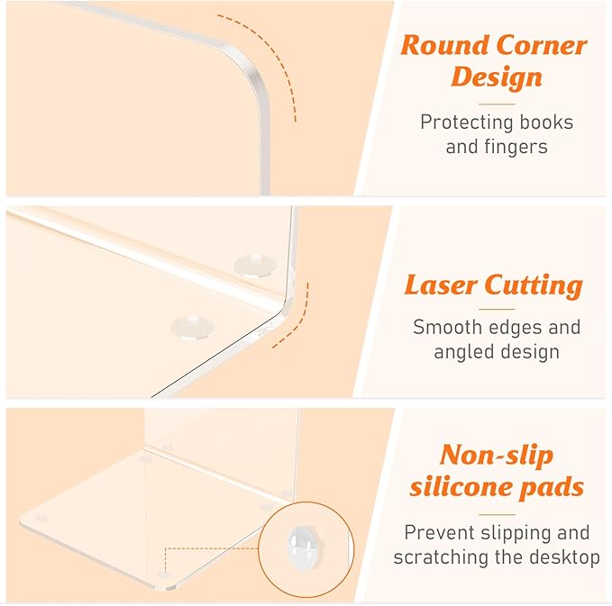 Acrylic Bookends 6 Pcs, Clear Book Ends for Shelves, Transparent Organizer, Holder Stand Decorative, Stoppers for Heavy Duty Books, CD, File, Video Games