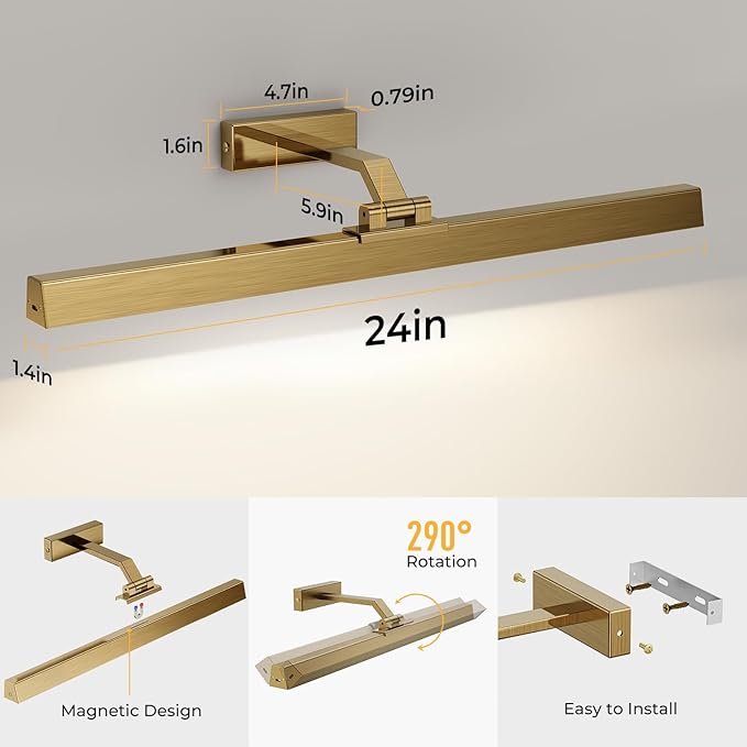Picture Lights for Wall, Brass Battery Operated Picture Light 24in Art Light CCT Dimmable Recharging Battery Wall Light with Remote Control for Living Room Gallery