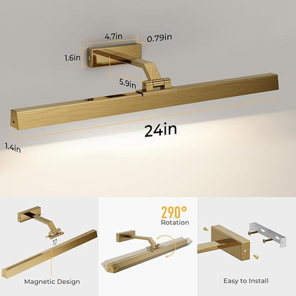 Picture Lights for Wall, Brass Battery Operated Picture Light 24in Art Light CCT Dimmable Recharging Battery Wall Light with Remote Control for Living Room Gallery