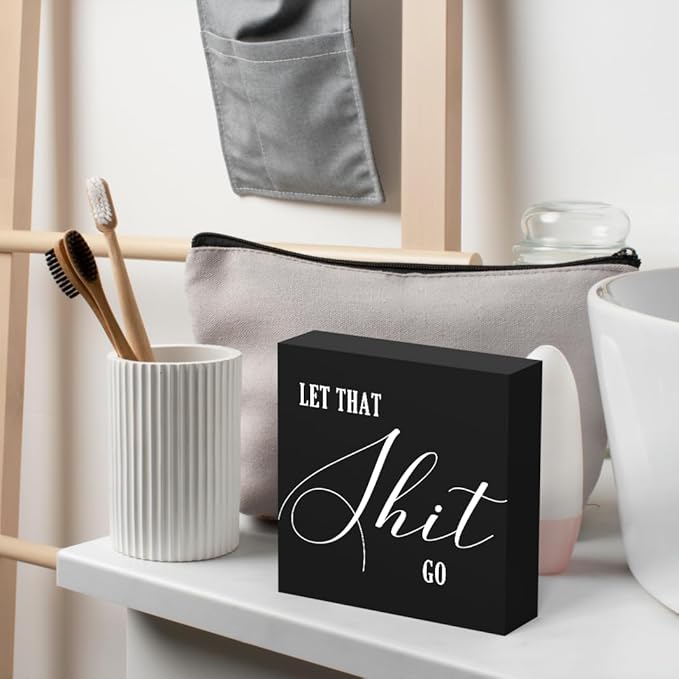 Funny Bathroom Decor Wood Box Sign, Black Farmhouse Toilet Sign with Humor, Restroom Shelf Decor for Guest Bath, Tabletop Countertop