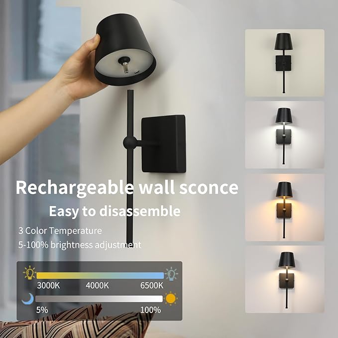 Battery Operated Wall Sconce Rechargeable Wireless Cordless Wall lamp Decor Set of Two Black for Bedroom Living Room Bedside