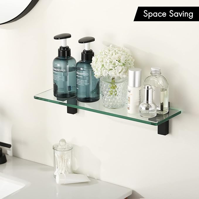 KES 16 Inch Glass Shelf for Bathroom Wall Mounted, 8mm Tempered Glass Wall Shelf Matte Black, BGS3201S40-BK