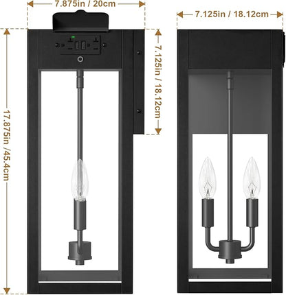 2-Pack 17.87" Extra Large Outdoor Wall Lights with GFCI Outlet, Black 2-Light Porch Lights Outdoor, Waterproof Exterior Lamp with E12 Sockets for House, Porch, Patio, Garage