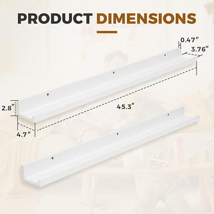 Muzilife 45.3" Large Floating Wall Ledge Shelves with Lip - Set of 2 Wood Floating Shelves - White Wall Mounted Picture Ledge for Office, Bathroom, Bedroom, Living Room, Kitchen