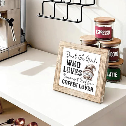 Coffees Wood Sign Just a Girl Who Loves Gnomes and Coffee Handcrafted Coffees Decor Funny Wooden Sign For Kitchen Home Office Bar Decor Cute Coffee Lover Gift Square Wood Cafe Art 5.9x5.9 Inch