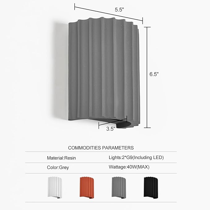 ZEROUNO Modern LED Wall Sconces Wall Lighting,Gray Resin Indoor Hardwired Sconce Light Fixtures Up and Down Wall Mount Light Lamp for Living Room Bedroom Bedside Hallway with G9 Bulb