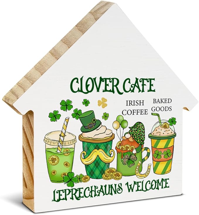 Coffee Sign Decor, St. Patrick's Day Kitchen Decor, Clover Cafe House Shaped Wood Block Sign, Home Coffee Bar Decorations for Desk Table Shelf, St Patricks Day Decorations