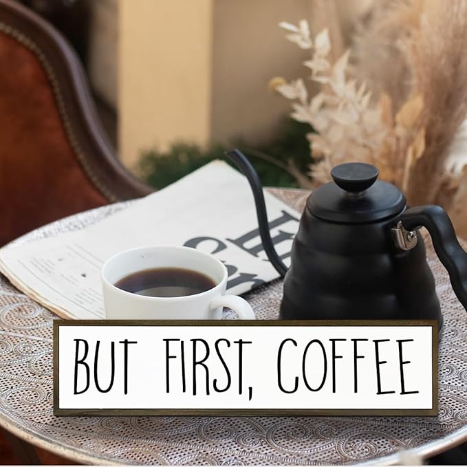 Coffee Signs for Coffees Station Decor, Farmhouse Table Shelf Decoration, Wall Art for Home Office Kitchen, Rustic Wooden Hanging Sign, But First Coffee Signs, 17.8x4x1.2 inches