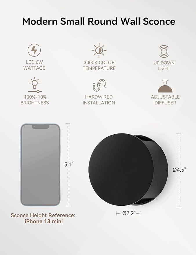 Tubicen LED Wall Sconces Set of 2 Dimmable Home Theater Sconces Beam-Adjustable Up and Down Wall Lights Indoor 6W Black Round Small Wall Sconces for Living Room Bedroom Hallway Stairs Hardwired