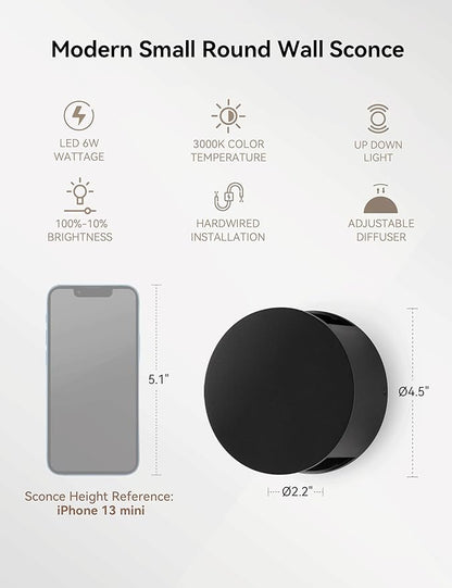 Tubicen Small Wall Sconce Lights Beam-Adjustable Dimmable Movie Theater Décor Sconce Lighting Hardwired Indoor Round Black Accent Wall Lights Up and Down for Living Room Bedroom Hallway Stairway 6W