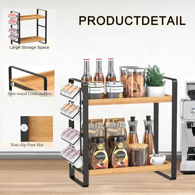 Coffee Station Organizer for Counter,Condiment Storage Caddy for Kitchen,2 Tier Wooden Shelf for Coffee Bar Accessories,Coffee Bar Organizer for Kitchen, Home, Office-Brown