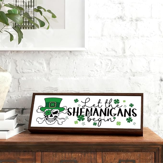 Funny St Patricks Day Decor, Skeleton Man Sign, Shamrock Decor, St Patricks Day Decoration for Home Office Coffee Bar Club, Farmhouse Framed Plaque Signs, 9.5x3.1x1 inches