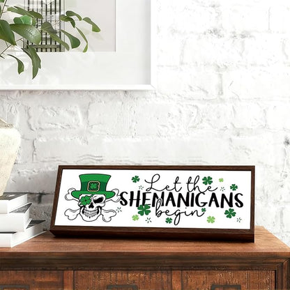 Funny St Patricks Day Decor, Skeleton Man Sign, Shamrock Decor, St Patricks Day Decoration for Home Office Coffee Bar Club, Farmhouse Framed Plaque Signs, 9.5x3.1x1 inches