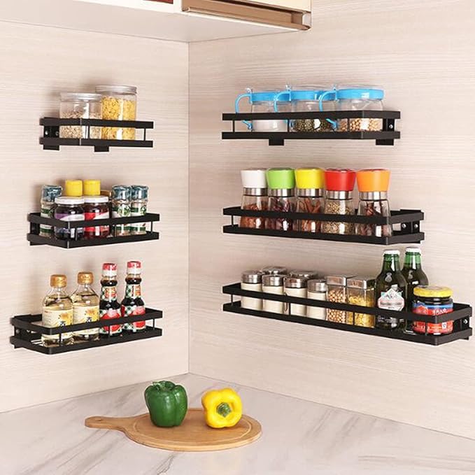 Hoshen Kitchen Hanging Buckle Spice Rack, Wrought Iron Coating Storage Rack, Wall-Mounted Spice Bottle Jam Storage Rack, Bathroom Storage Rack，1 Piece ，Black，30CM