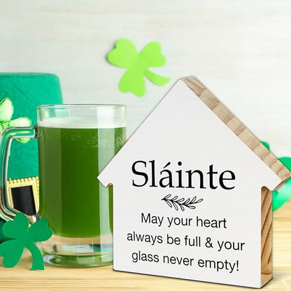 Slainte Sign, Irish Blessing Decor, May Your Heart Always Be Full House Shaped Wood Block Sign, Irish Gifts for Women Men, Home Kitchen Decor for Desk Table Shelf