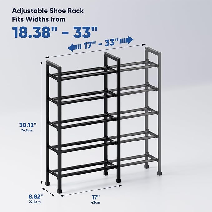 Abiglifty 5-Tier Expandable Shoe Rack,17"-33" Adjustable Shoe Rack for Closet,Metal Shoes Shelves for Front Door Entrance, Garage & Corridor, Free Standing Shoe Holders, Easy to Assemble,Black
