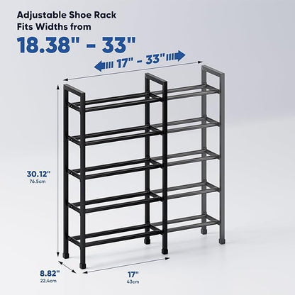 Abiglifty 5-Tier Expandable Shoe Rack,17"-33" Adjustable Shoe Rack for Closet,Metal Shoes Shelves for Front Door Entrance, Garage & Corridor, Free Standing Shoe Holders, Easy to Assemble,Black