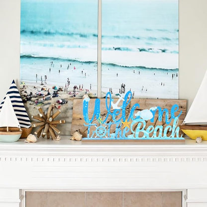 MEETYAMOR Coastal Beach Decor, Wood Metal Welcome to the Beach Sign for Table Decor, Farmhouse Rustic Nautical Ocean Decorations for Home, Living Room, Mantel, Shelf