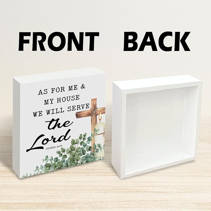 Christian Home Decor Wooden Bible Verse Sign, As For Me and My House We Will Serve the Lord Joshua 24:15, Rustic Religious Cross Farmhouse Desk Shelf Living Room Faith Decoration