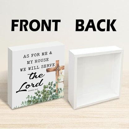 Christian Home Decor Wooden Bible Verse Sign, As For Me and My House We Will Serve the Lord Joshua 24:15, Rustic Religious Cross Farmhouse Desk Shelf Living Room Faith Decoration