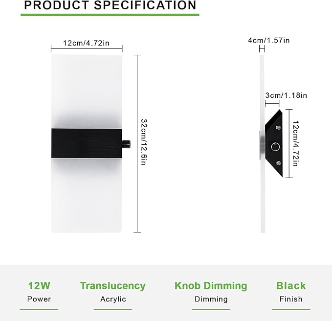 Lightess Modern LED Wall Sconces with Switch, 12W Indoor Wall Lights Set of Two, Hardwired Acrylic Dimmable Wall Mounted Lighting for Living Room Hallway Bedroom, Warm White, 2 Pack