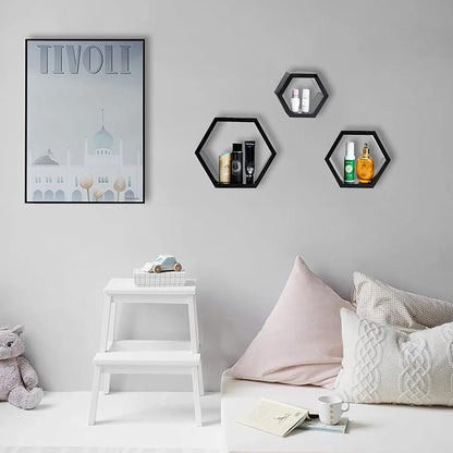 DD DEFINED DECO Set of 3 Pine Wood Hexagon Shelves for Wall Decor,Wall Mounted Floating Shelves,Farmhouse Honeycomb Living Room,Hanging Rustic Shelf Racks Bedroom,Nursery, Black, (B2C230007-3SET)
