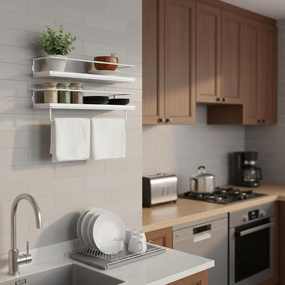 Floating Bathroom Wood Shelves Set of 2 Wall Mounted Shelf with Black Metal Frame and Towel Rack for Bathroom Over Toilet Storage and Organizers for Bedroom Living Room Kitchen Office(White)