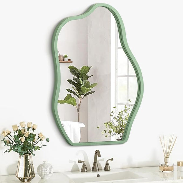 Asymmetrical Large Mirror Irregular Modern Mirror for Wall Decor Wooden Framed Hanging Wall Mirror Unique Shape Vanity Cloud Mirrors Decorative for Bedroom Bathroom Living Room Entryway