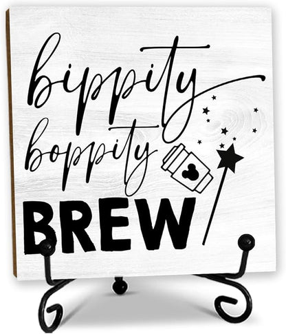 5'' Rustic Cafe Wooden Sign With Metal Stand - Bippity Boppity Brew - Wooden Plaque Tabletop Decor Gifts For Coffee Lover Friends Family Coworkers - Home Desk Kitchen Coffee Bar Decor & Supplies - B03