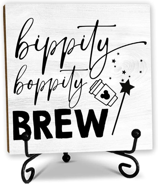 5'' Rustic Cafe Wooden Sign With Metal Stand - Bippity Boppity Brew - Wooden Plaque Tabletop Decor Gifts For Coffee Lover Friends Family Coworkers - Home Desk Kitchen Coffee Bar Decor & Supplies - B03