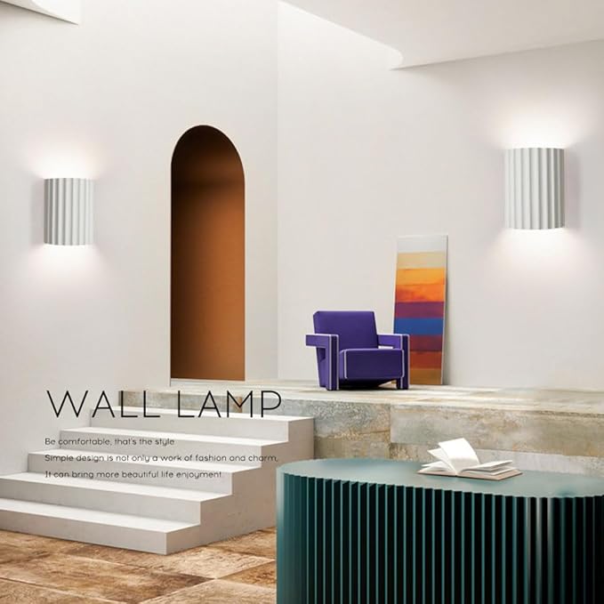 WDDJP Modern Terracotta Ribbed Up Down Wall Sconce Fluted Cylinder Minimalist Indoor Wall Mounted Light Fixture for Bedroom Living Room Hallway(Blanc)