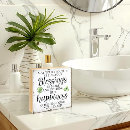 May Your Troubles Be Less And Your Blessings Be More Wood Block Plaque Box Sign for Home Living Room Coffee House Bar Shelf Table Office Decoration, Irish Blessing Decor Gifts for Family