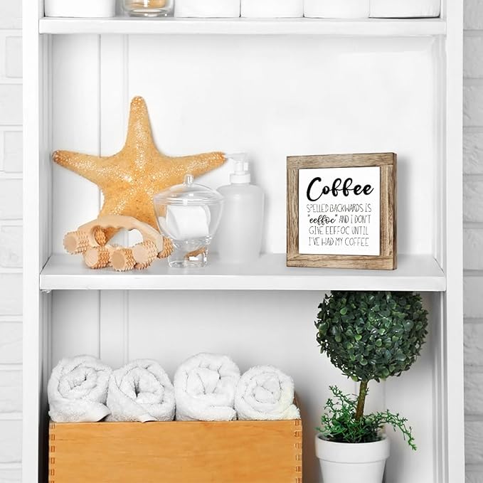 Farmhouse Coffee Bar Sign, Rustic Coffee Spelled Backwards is Eeffoc Wood Box Sign, Funny Wooden Box Signs, Farmhouse Home Kitchen Desk Shelf Decor 5.9×5.9 inch