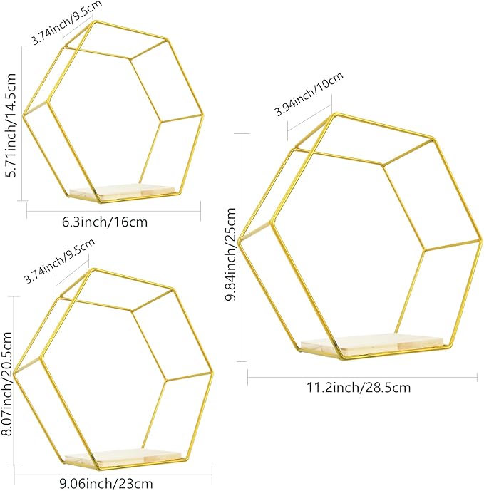 3 Pieces Hexagon Floating Shelves, Hexagon Wall Shelves, Gold Metal Wall Shelves with Wooden Panels – Modern Wall Decor for Bedroom, Living Room & Office Storage (Gold)