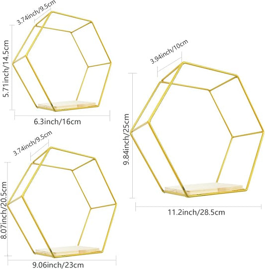 3 Pieces Hexagon Floating Shelves, Hexagon Wall Shelves, Gold Metal Wall Shelves with Wooden Panels – Modern Wall Decor for Bedroom, Living Room & Office Storage (Gold)