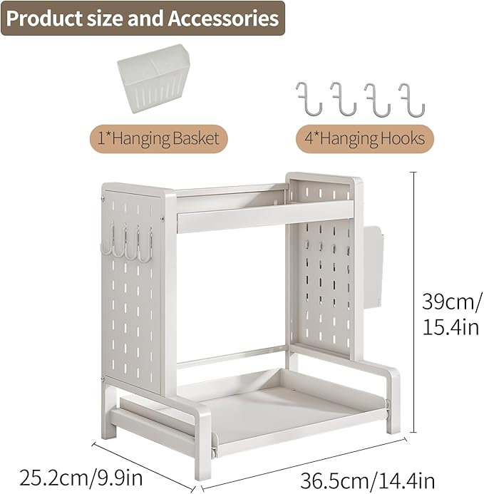 Spice Rack 2 Tier Metal Standing Kitchen Seasoning Storage Shelf with Hanging Basket Pull Out Countertop Organizer for Counter, Cabinet, Pantry, Bathroom, Bedroom (White)
