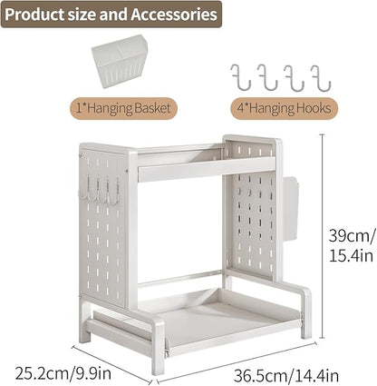 Spice Rack 2 Tier Metal Standing Kitchen Seasoning Storage Shelf with Hanging Basket Pull Out Countertop Organizer for Counter, Cabinet, Pantry, Bathroom, Bedroom (White)