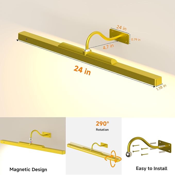 Art Picture Frame Light for Wall Gold,6000mAh Wireless Gallery Lighting,Rechargeable Battery Remote Dimmable LED for Modern Artworks Display(24 in, 4 Pack)