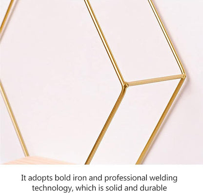 3 Pcs Gold Hexagon Wall Shelves, Floating Decorative Wire Wall Mounted Shelf, Multi-use Geometric Floating Shelves Metal Shelving for Bedroom Living Room Kitchen Office, 6.7in 9.4in 11in