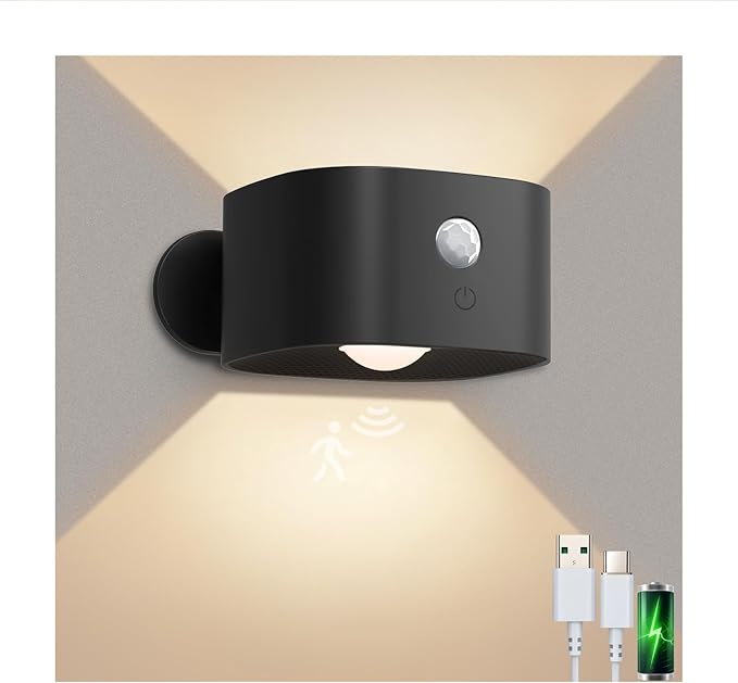 Rechargeable Motion Sensor Wall Light, Wireless Wall Sconce - Magnetic Base, Dimmable 3000K Warm White, 3 Modes (ON/AUTO/Off) for Closet, Stairs, Living Room - Indoor LED Wall Lamp (Black)