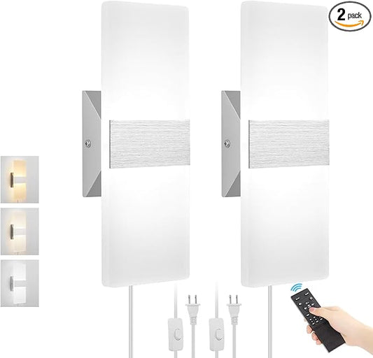 Plug in Wall Sconces with Stepless Adjustable 3000K-6500K Colors and 10%-100% Brightness, Sconces Wall Lighting with Remote Control 12W Acrylic LED Wall Lamp with 6FT Plug in Cord, 2 Pack