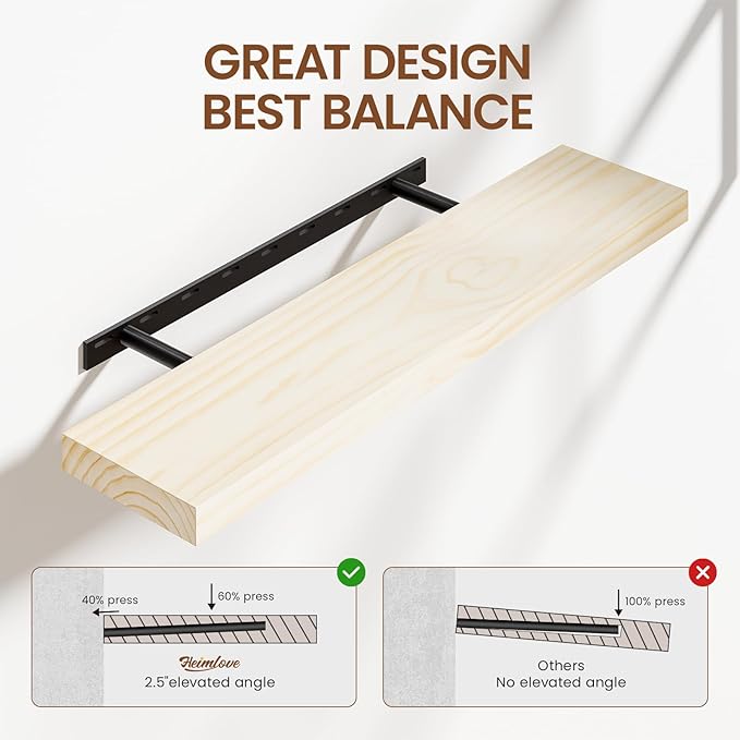 Heimlove 36 Inch Floating Shelves for Wall Solid Wood Shelves Set of 2,Wall Mounted Rustic Wood 8 Inch Deep Floating Shelf with Invisible Brackets for Bedroom Kitchen Living Room