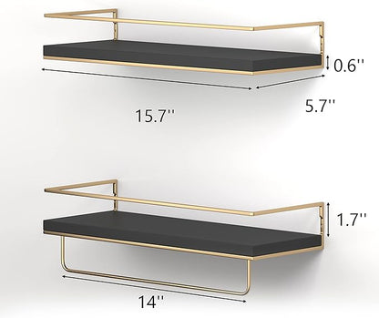 Shario Floating Shelves - Set of 2, Wall Mounted Hanging Shelves with Golden Towel Rack, Decorative Storage Shelves for Bathroom, Kitchen, Living Room & Bedroom (Black Gold, 15.7 Inches)