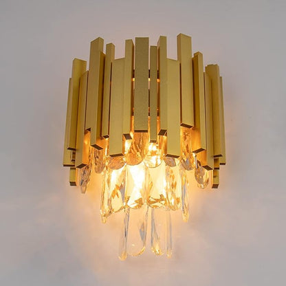 FRIXCHUR Crystal Wall Sconce Lights 3 Tiers Crystal Wall Lamp Modern Wall Lighting Fixture Bedside Night Lamp for Bedroom Bathroom Living Room Hallway,Gold,2 x E12 Base
