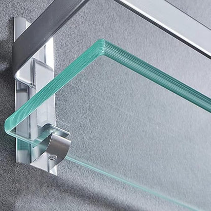 Bathroom Glass Shelf Tempered Glass Rectangular Extra Thick Aluminum Silver Sand Sprayed Wall Mounted 9.84 inches