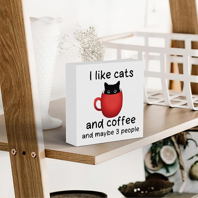 Coffee Bar Decor Sign, Office Desk Decoration, Black Cat Decoration, Coffee Desks Cats Gifts for Cats Lovers Desk Decor Wooden Box Sign for For Farmhouse Home Kitchen Bar Shelf Table